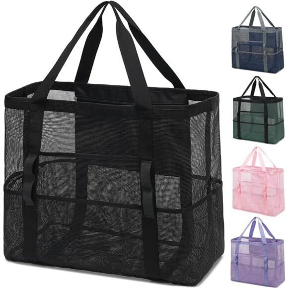 Large Mesh Beach Bag Tote with Zipper Pockets for Pool Travel Toys Essentials - Picture 1 of 8